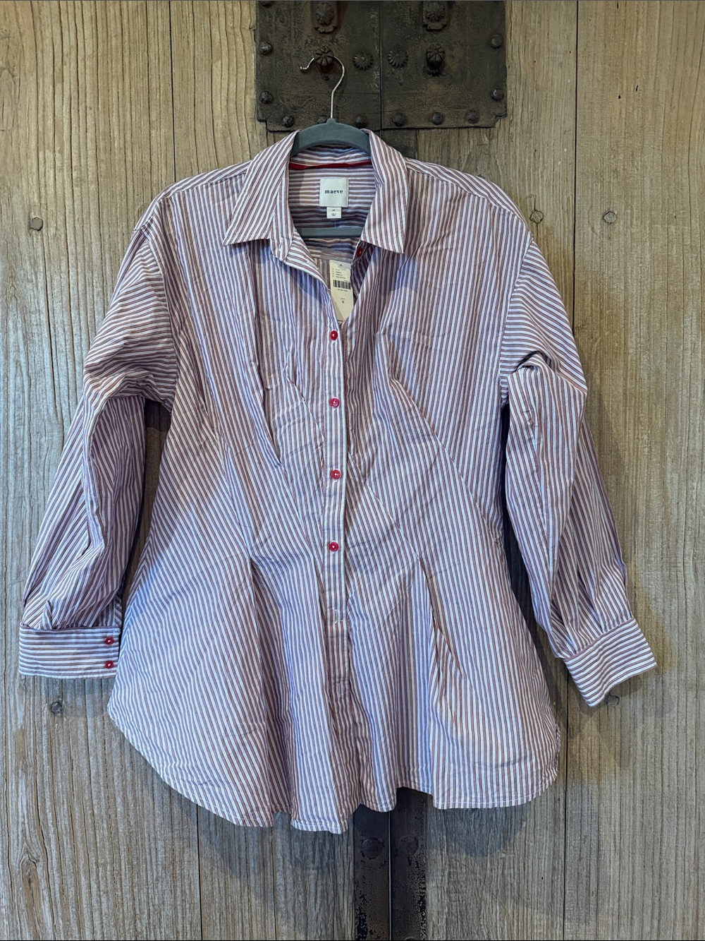 Red and White Stripe Peplum Button-Front Women's Shirt -